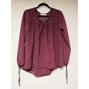 Abercrombie Fitch Burgundy Lace Up Neck Long Sleeve Sheer Blouse Top Womens S